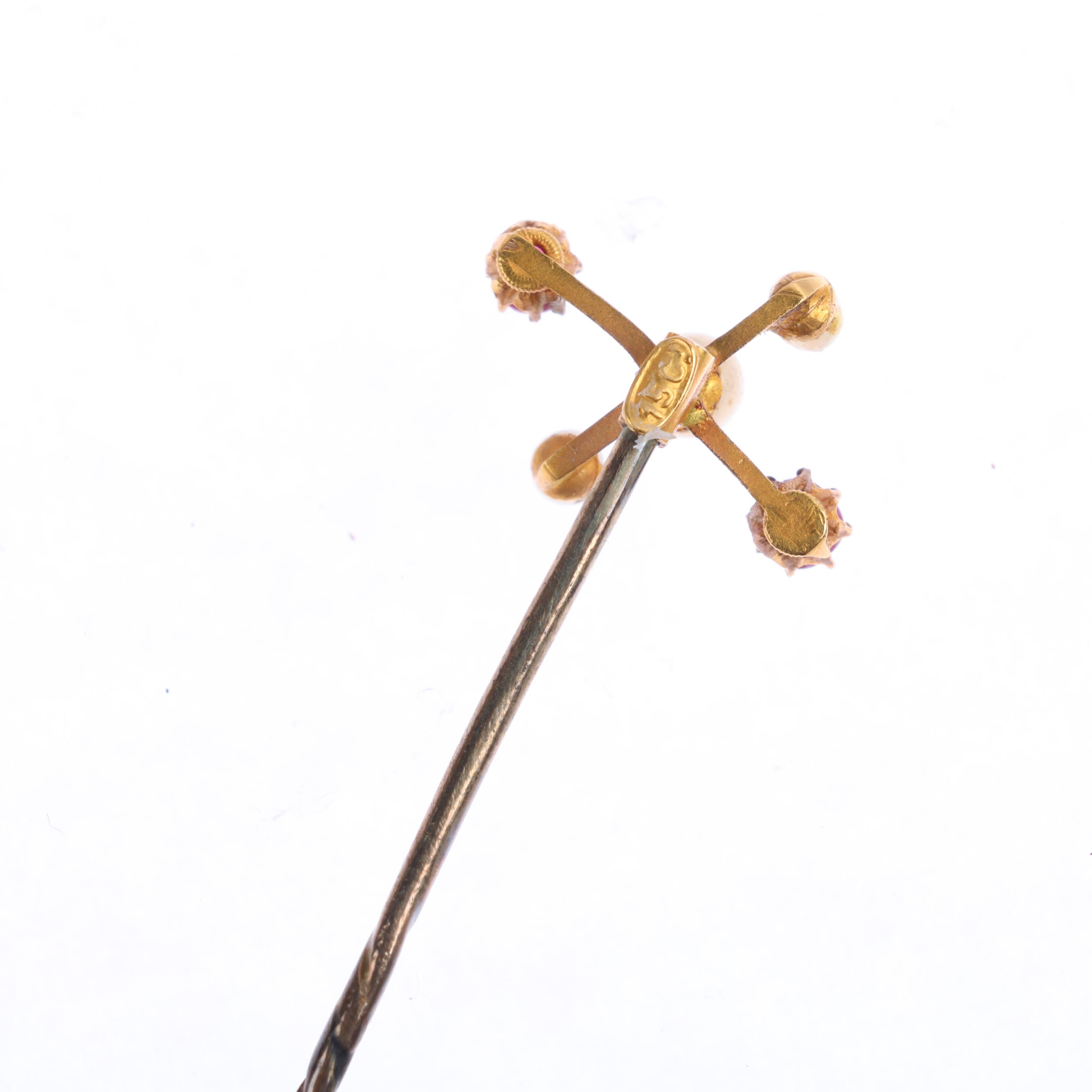 An Edwardian 15ct gold ruby and pearl stickpin, head 16.1mm, overall 63.5mm, 1.6g Condition - Image 3 of 4