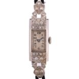 An Art Deco lady's platinum diamond mechanical cocktail wristwatch, circa 1930s, silvered dial