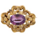 A large Victorian Pinchbeck amethyst floral bombe brooch, circa 1880, apparently unmarked, 55.1mm,