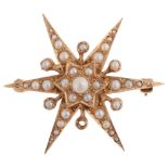 A 9ct gold split pearl 6-ray starburst brooch, maker H&T, London 1969, in the Victorian style, 39.