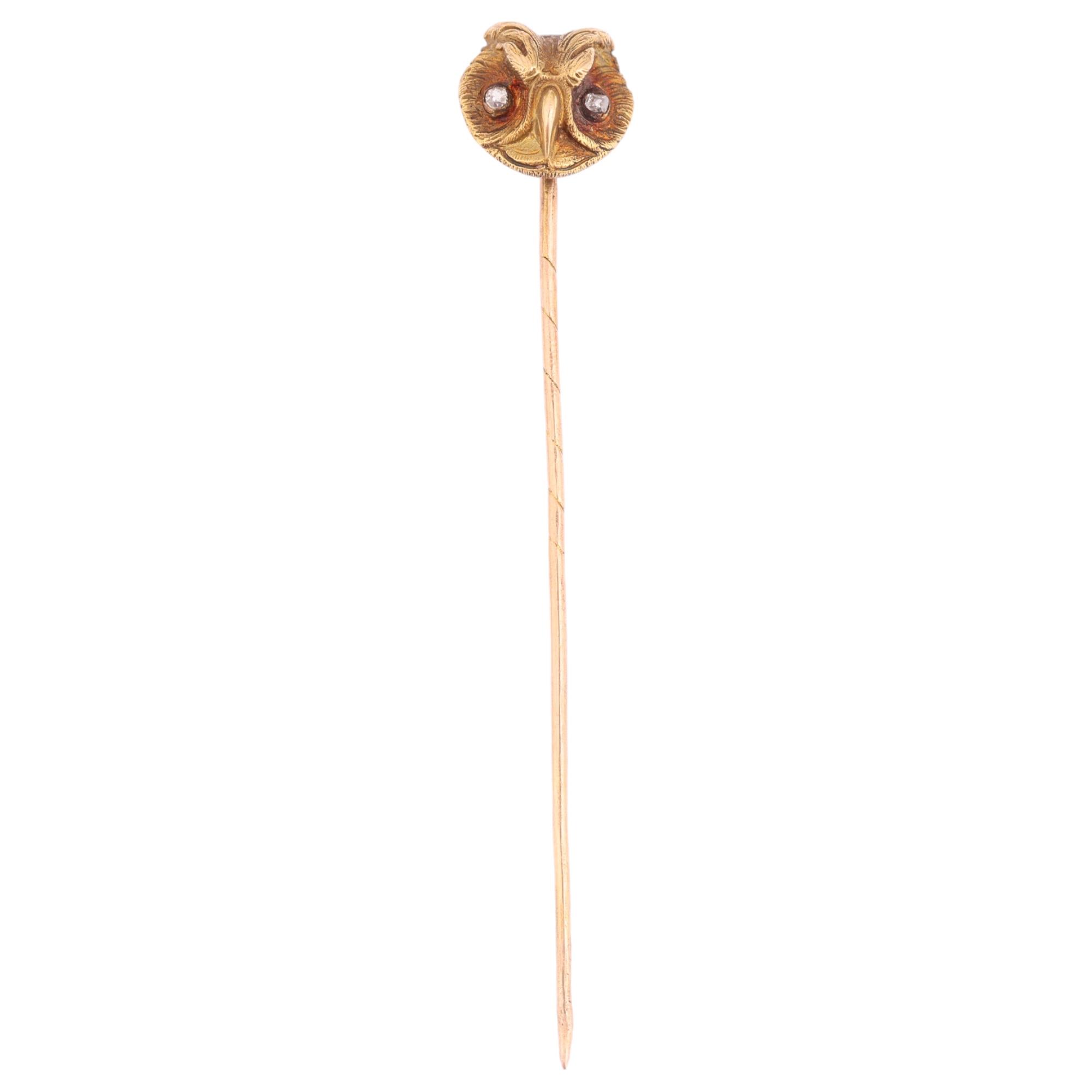 ATTRIBUTED TO PAUL ROBIN - a French 18ct gold diamond owl mask stickpin, circa 1880, modelled as - Image 2 of 4