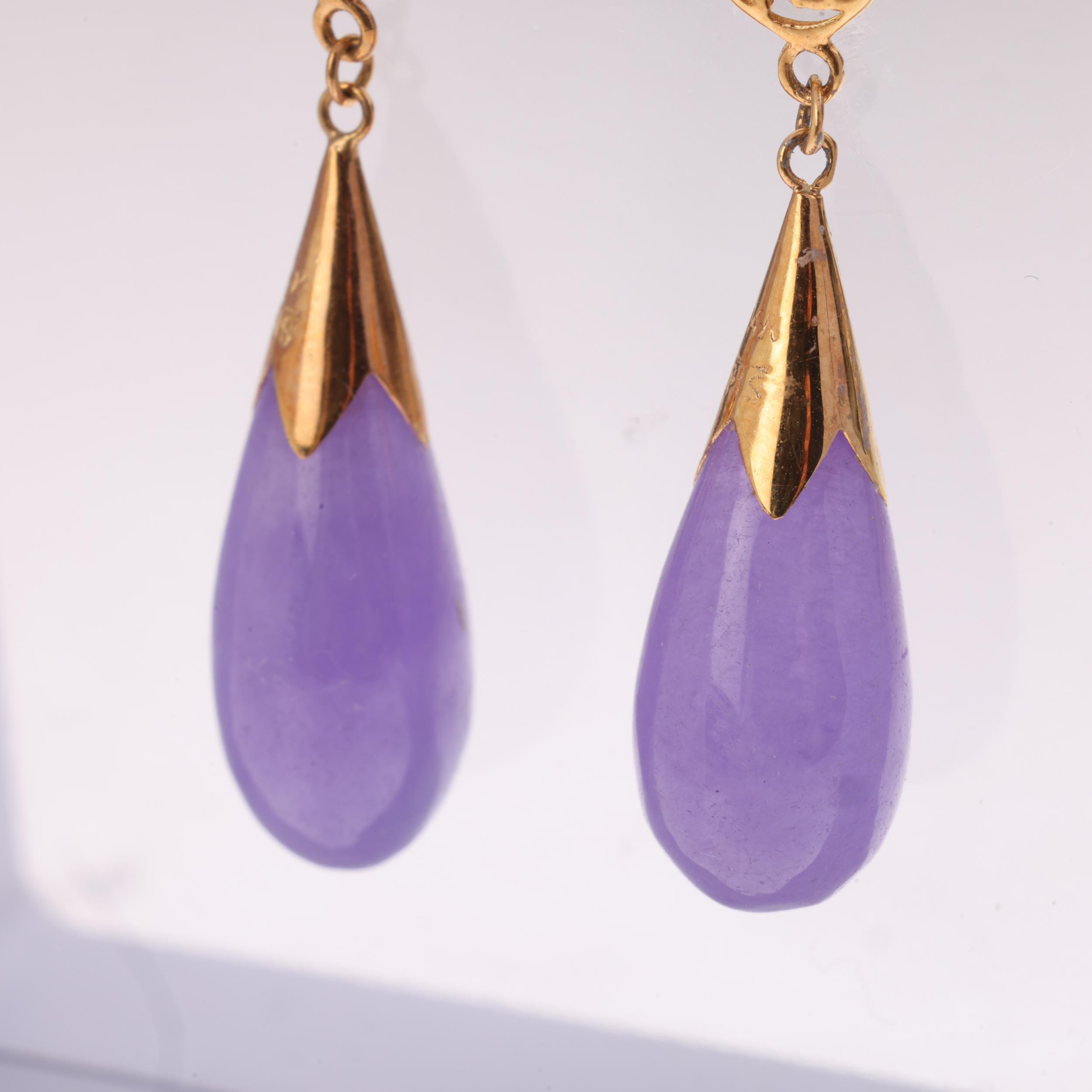 A pair of Chinese 14ct gold lavender jade drop earrings, with stud fittings, 31.3mm, 4.4g - Image 2 of 4