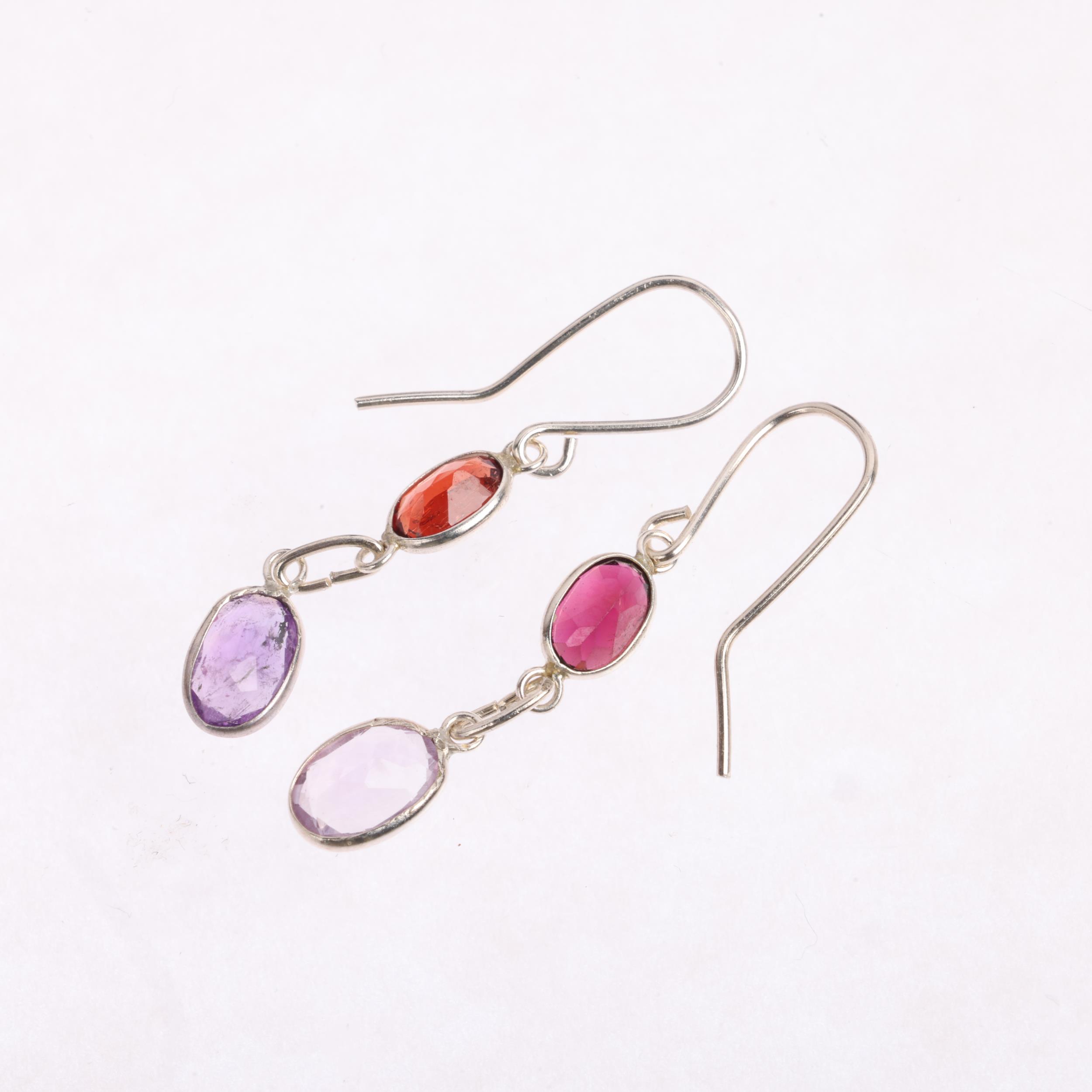 A pair of silver amethyst and garnet drop earrings, with stud fittings, 34.3mm, 1g Condition Report: - Image 2 of 3