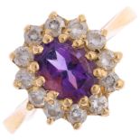 An 18ct gold amethyst and cubic zirconia cluster ring, setting height 13.6mm, size R, 5.2g Condition