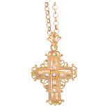***WITHDRAWN***A Continental 14ct gold white sapphire cross pendant necklace, on 9ct belcher link