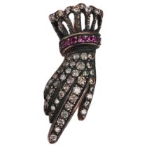 A novelty ruby and diamond hand pendant, late 20th century, set with modern round brilliant-cut