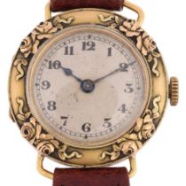An Art Nouveau French lady's 18ct gold mechanical wristwatch, circa 1910, silvered dial with