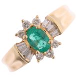 A 14ct gold emerald and diamond ballerina cluster ring, maker CEI, claw set with oval mixed-cut