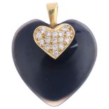 An 18ct gold agate and diamond heart pendant, indistinct maker, London 1976, 24.3mm, 3.7g