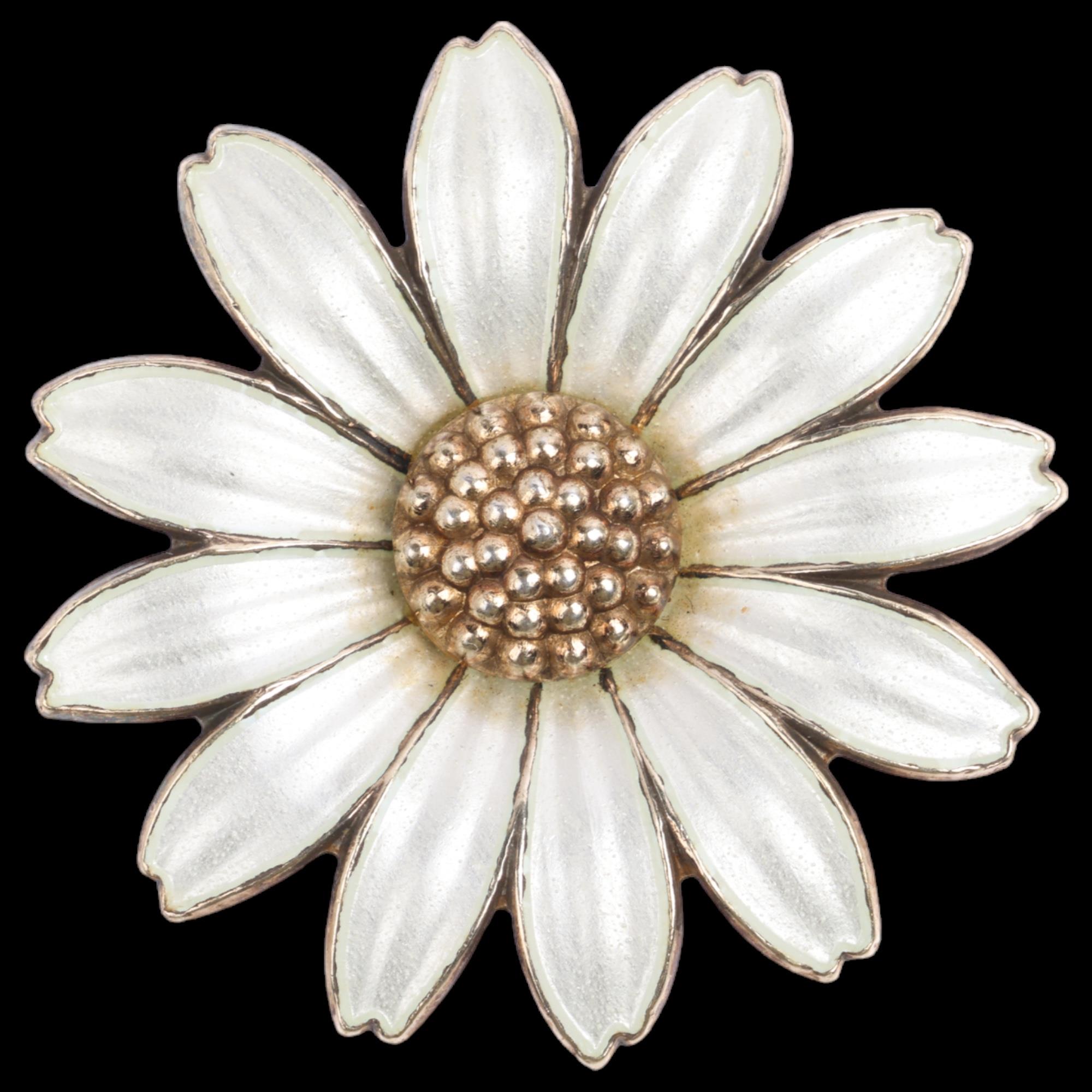 JEMAX - a Danish modernist sterling silver-gilt white enamel daisy pattern brooch, 32.5mm, 8.9g