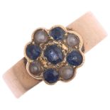 An Antique 12ct rose gold sapphire and pearl cluster band ring, setting height 9.6mm, size J, 3.7g