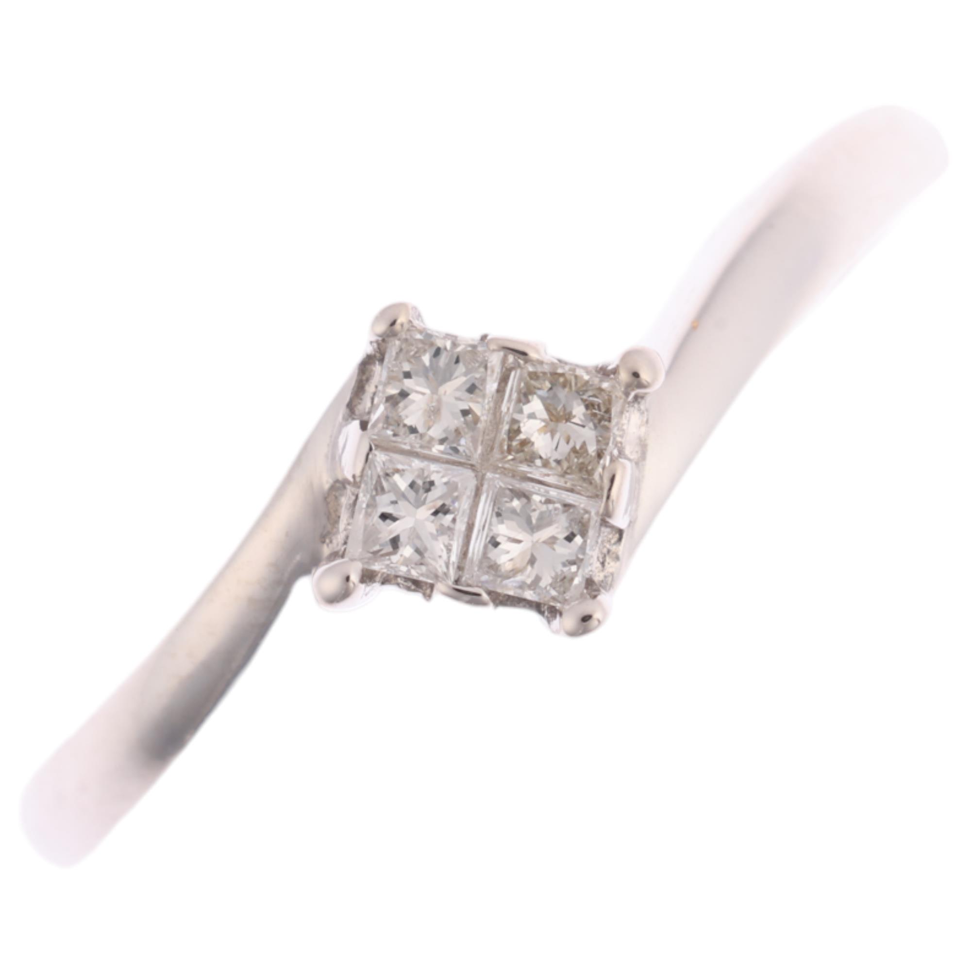 An 18ct white gold diamond cluster crossover ring, set with Princess-cut diamonds, total diamond