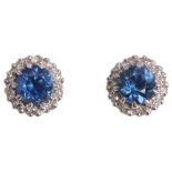 A pair of sapphire and diamond cluster earrings, claw set with round-cut sapphires and single-cut