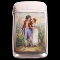 An Antique Austrian silver and enamel 'Courting Lovers' Vesta case, hand painted decoration with