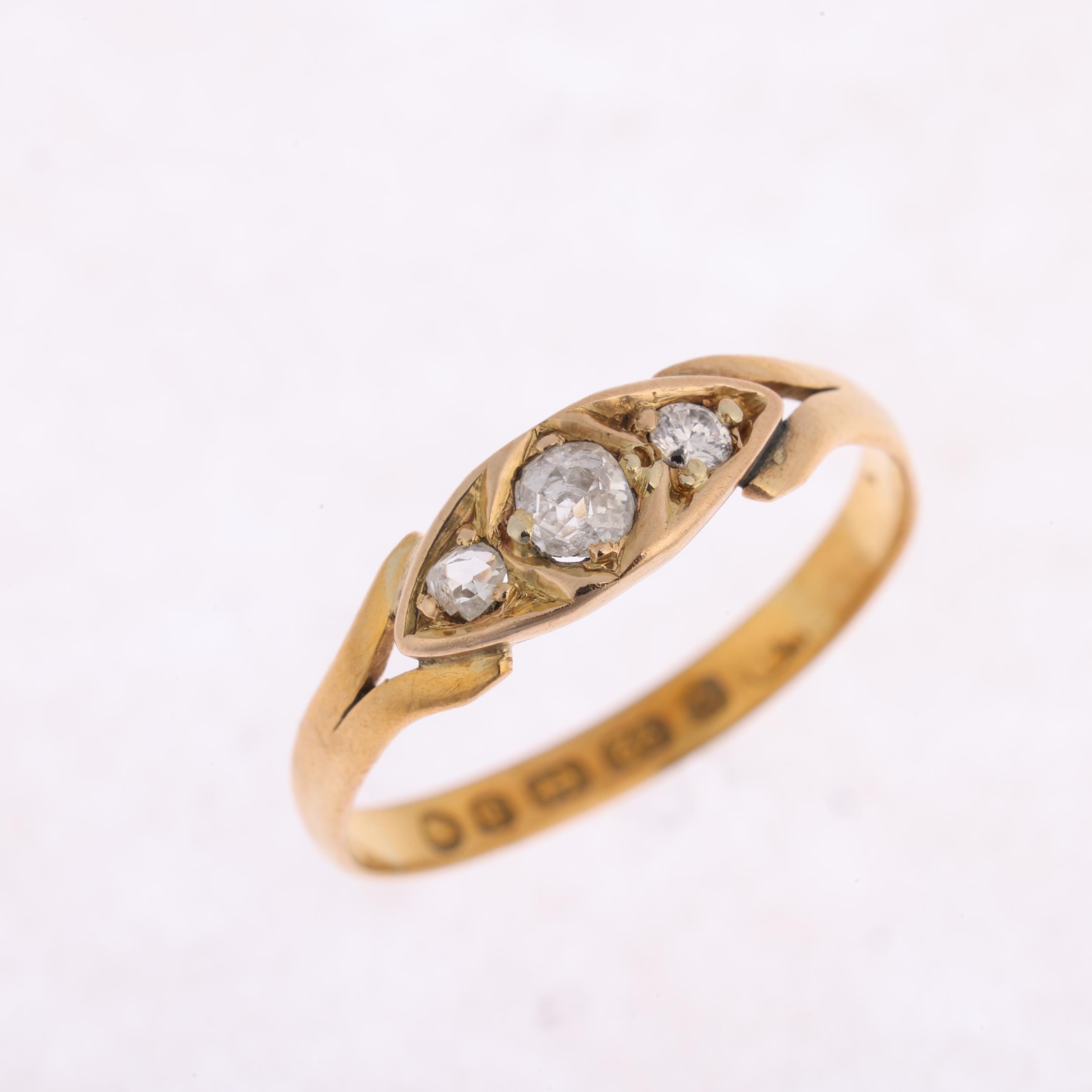 A 19th century 22ct gold three stone diamond ring, indistinct maker, Birmingham 1876, set with old- - Image 3 of 4