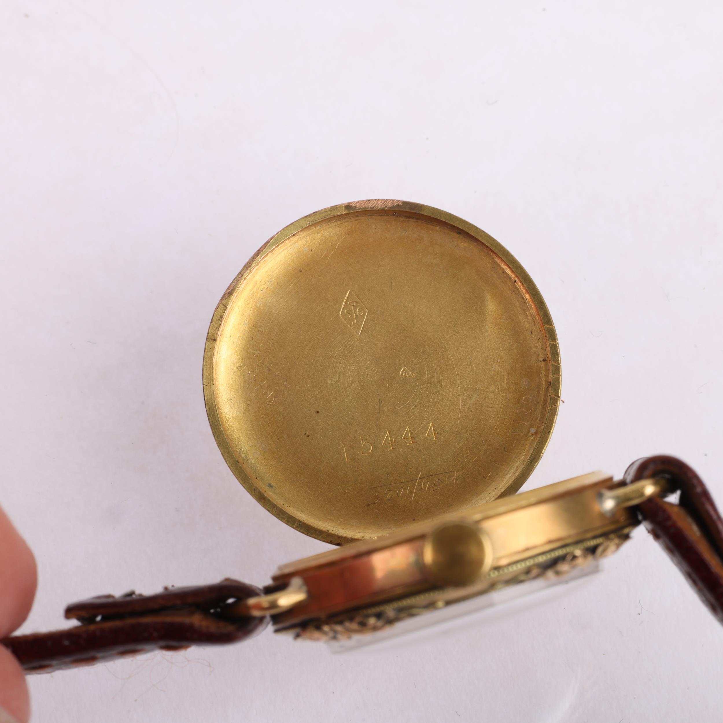 An Art Nouveau French lady's 18ct gold mechanical wristwatch, circa 1910, silvered dial with - Image 5 of 5