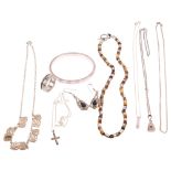 Various silver jewellery, including tigers eye bead necklace, pink mother-of-pearl bangle, etc, 102g