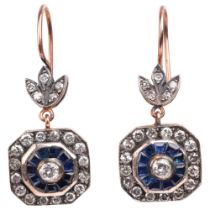 A pair of sapphire and diamond drop earrings, modern, set with calibre-cut sapphires and single-