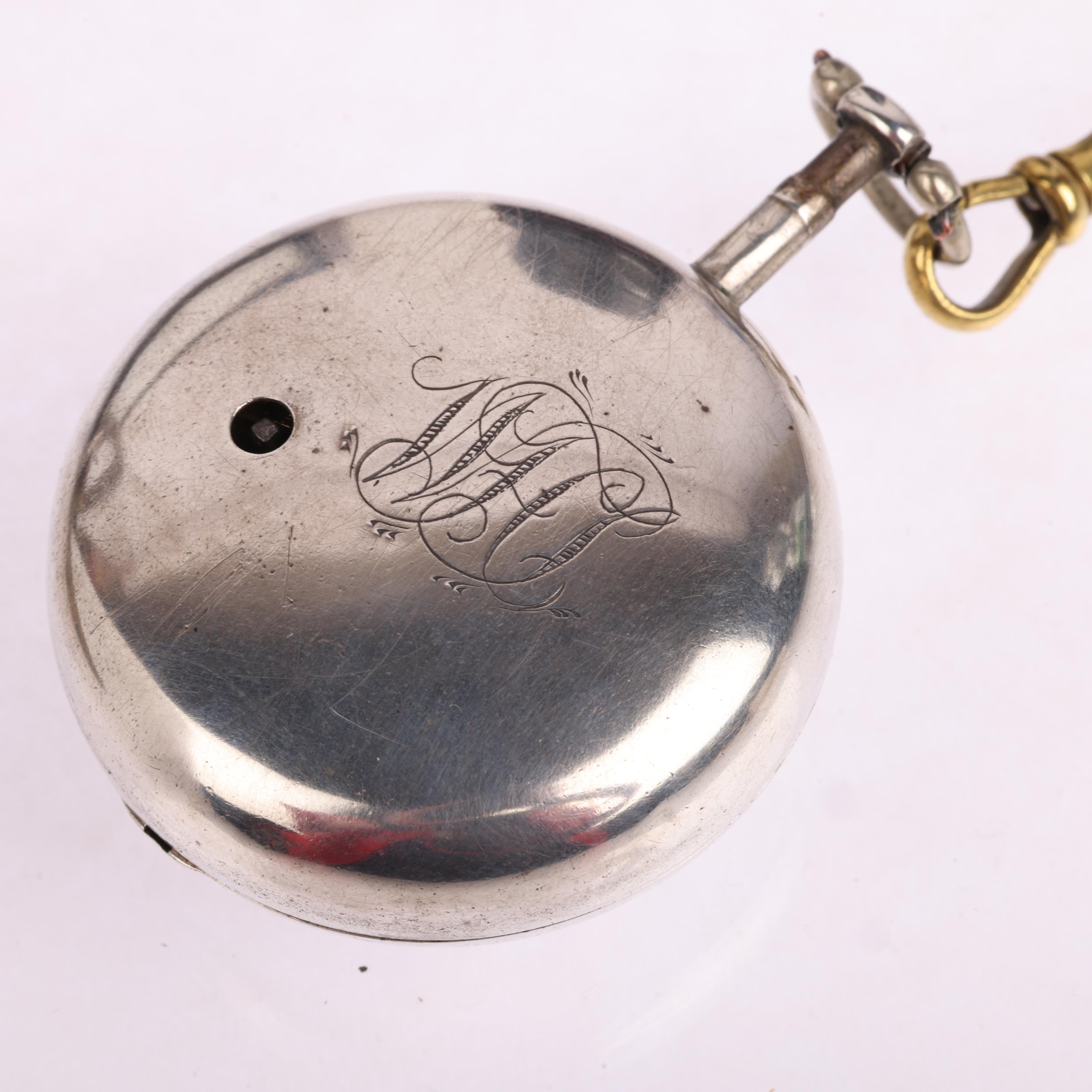 An early 19th century silver pair-cased open-face key-wind verge pocket watch, by T Strong of - Image 3 of 5