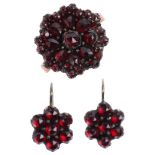 An Antique Bohemian garnet flowerhead cluster ring and earring set, apparently unmarked, setting