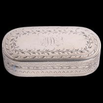 A George III silver snuffbox, Samuel Pemberton, Birmingham 1799, oval form with bright-cut