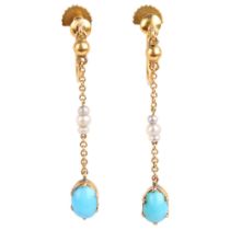 A pair of Edwardian turquoise and pearl drop earrings, with screw-back fittings, 30.6mm, 1.4g