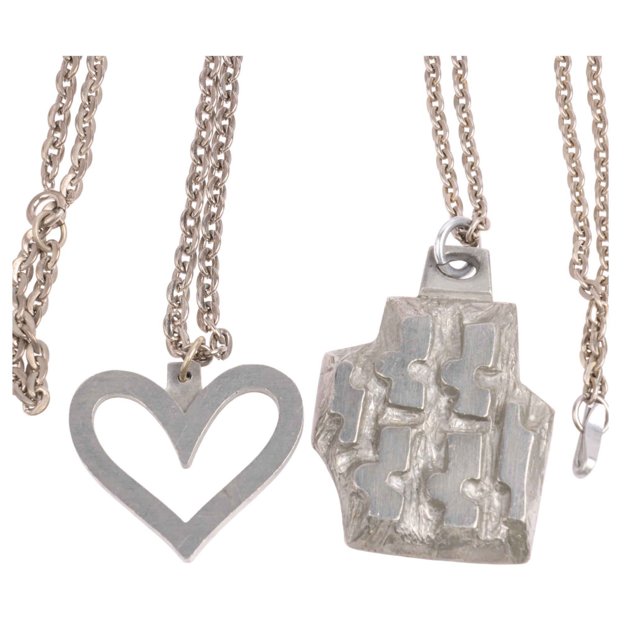 STIGBERT - 2 Swedish brutalist pewter pendant necklaces, including heart example, 39.2mm (2)