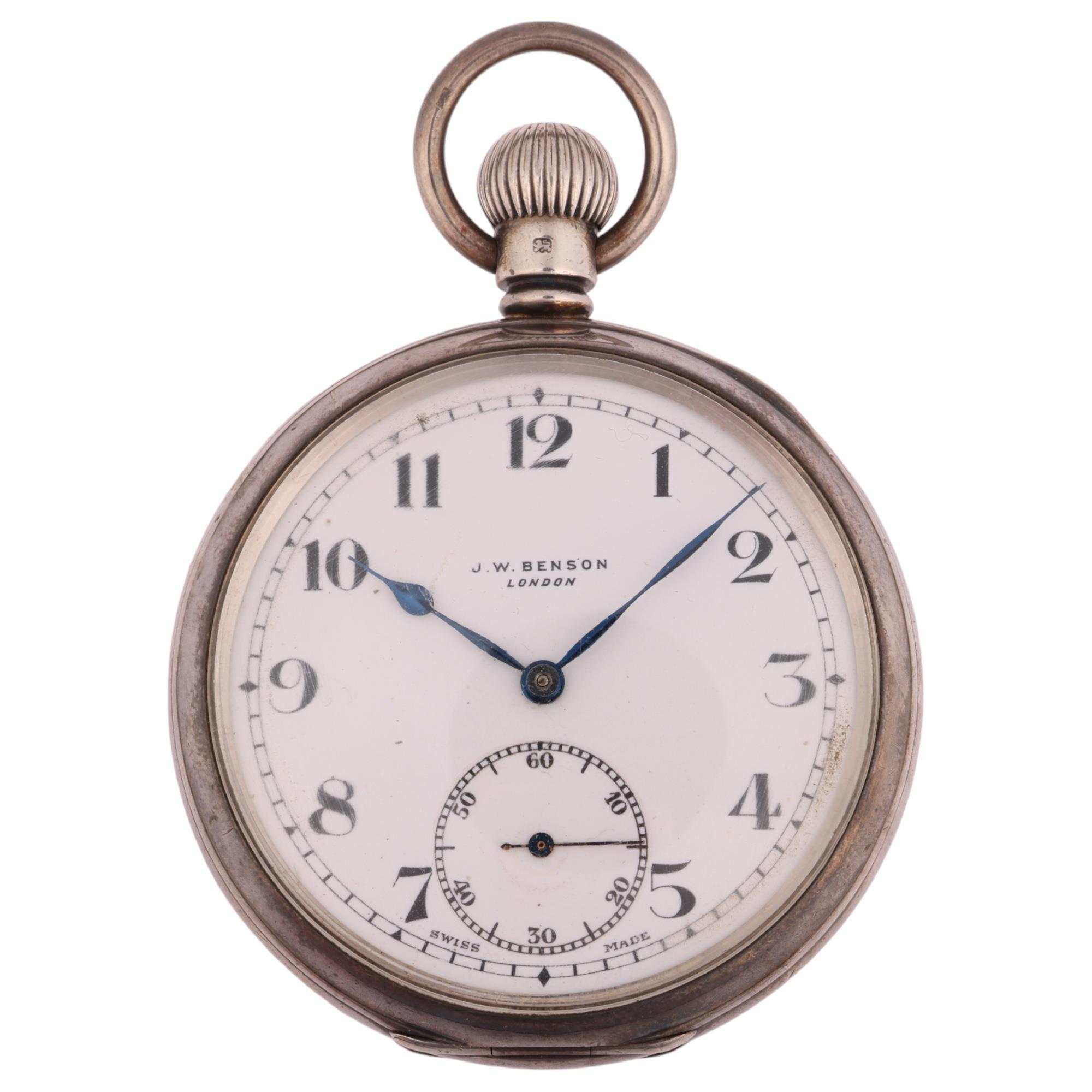 J W BENSON - an early 20th century silver open-face keyless pocket watch, white enamel dial with