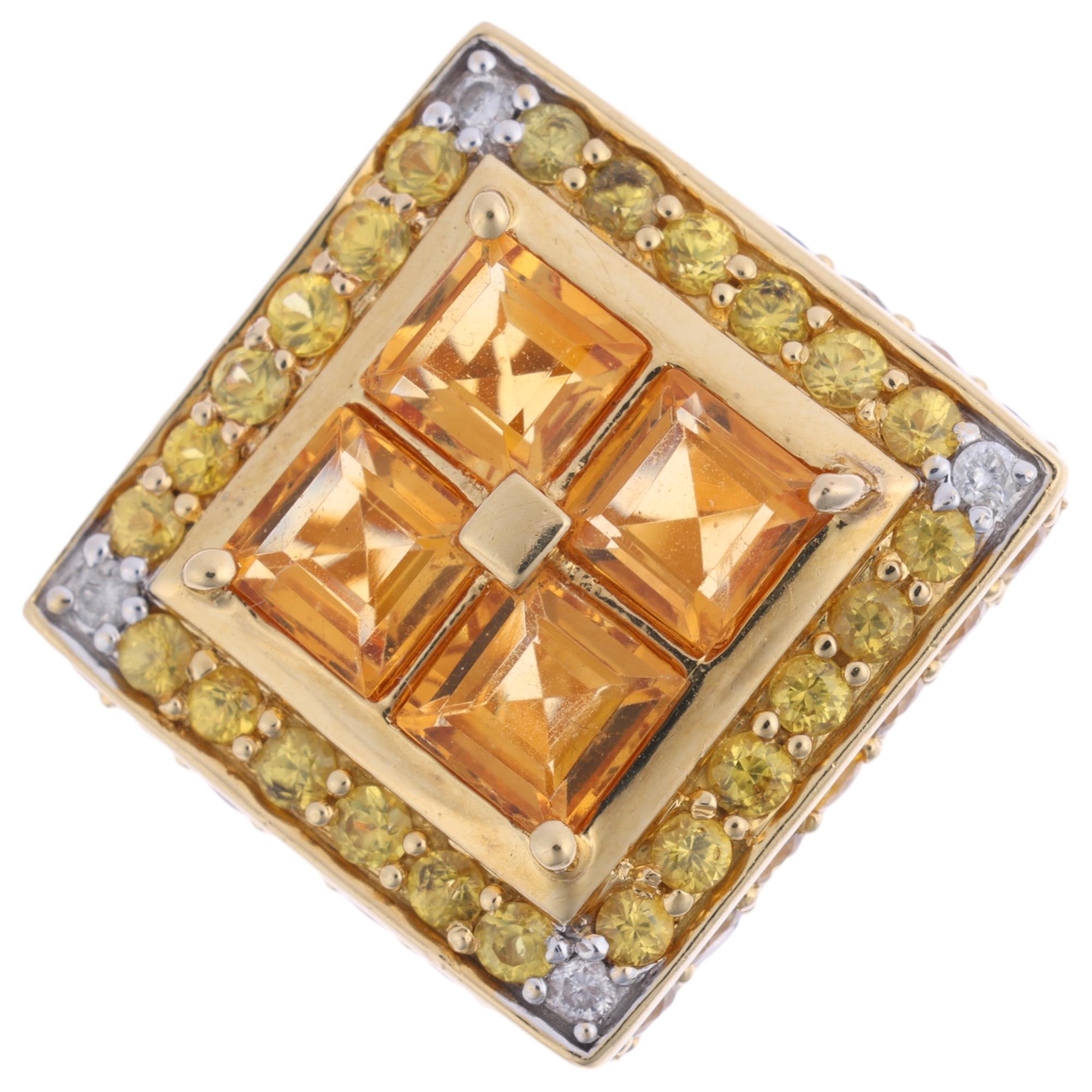 A large 18ct gold citrine yellow sapphire and diamond cluster panel ring, maker DC, London 2011, set