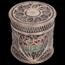 A George III silver filigree gaming counter box, cylindrical form with floral decoration, 3cm