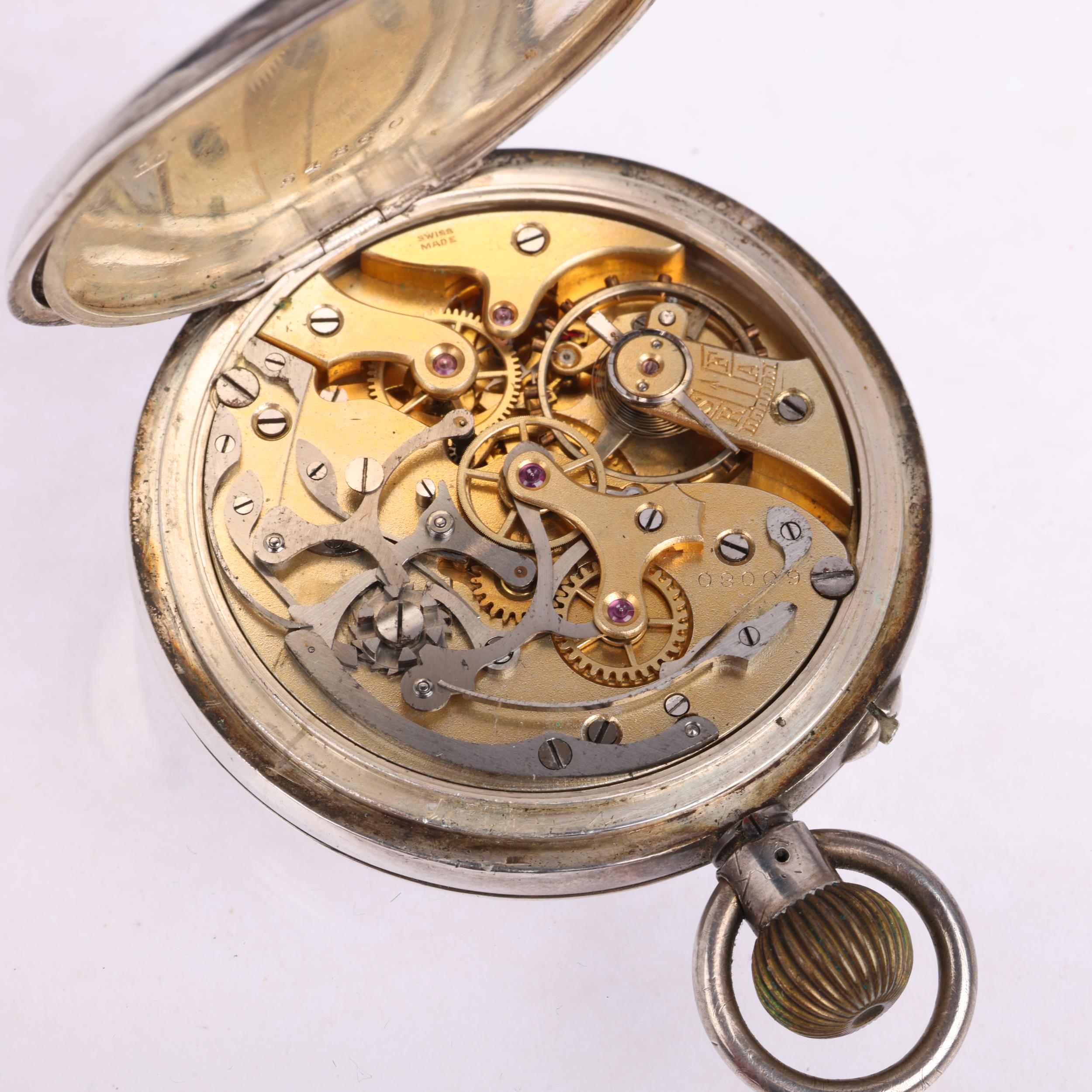 An early 20th century silver-cased open-face keyless chronograph pocket watch, white enamel dial - Image 5 of 5