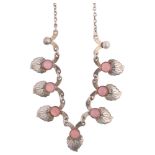 HERMANN SIERSBOL - a Danish modernist sterling silver pink moonstone floral fringe necklace, 40cm,
