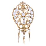 A large opal and diamond openwork pendant/brooch, in the Victorian style, set with round cabochon
