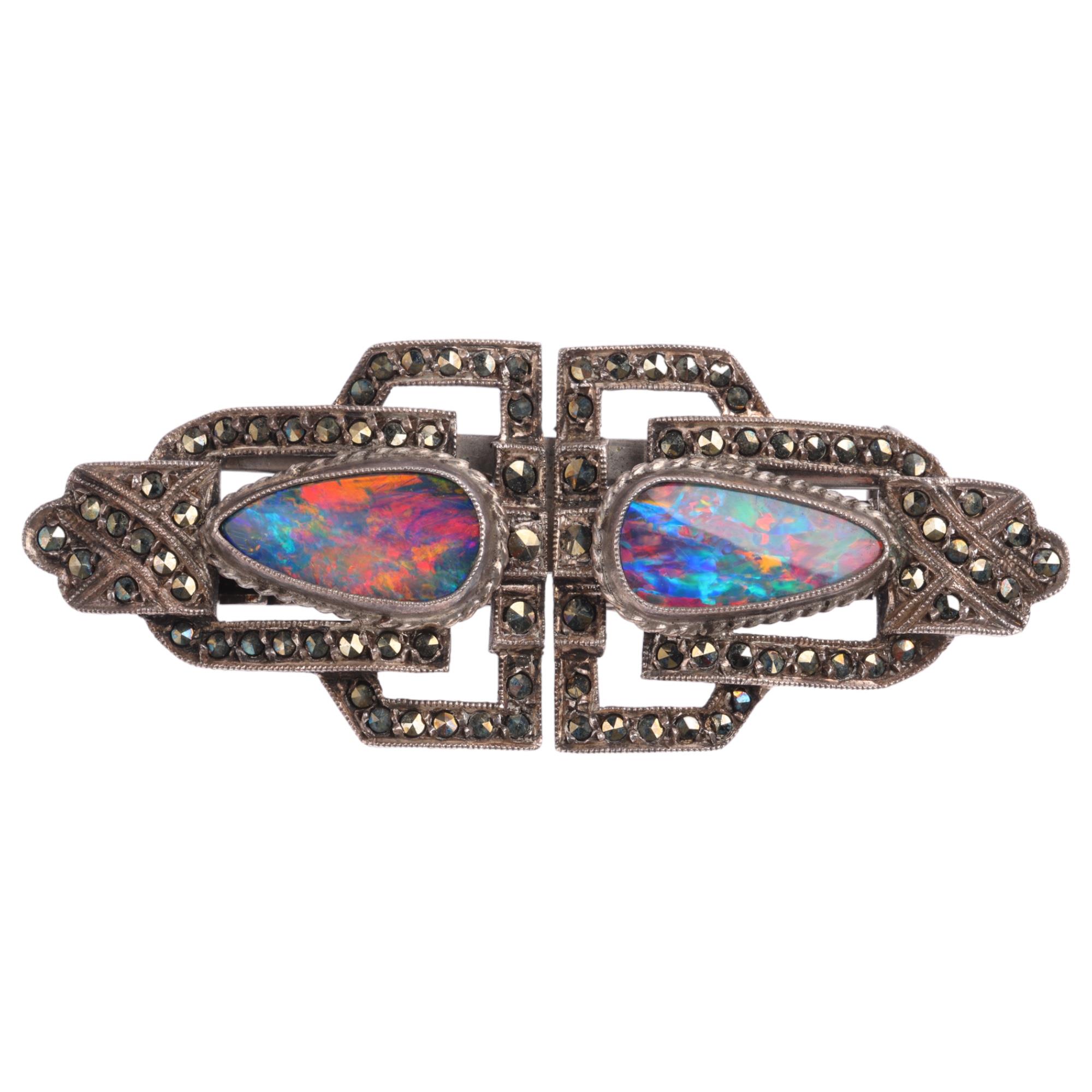 An Art Deco silver opal doublet and marcasite geometric brooch/dress clips, 60.6mm, 18.6g