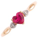 A modern 9ct gold synthetic ruby and diamond heart ring, setting height 5.4mm, size U, 1.1g