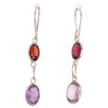 A pair of silver amethyst and garnet drop earrings, with stud fittings, 34.3mm, 1g Condition Report: