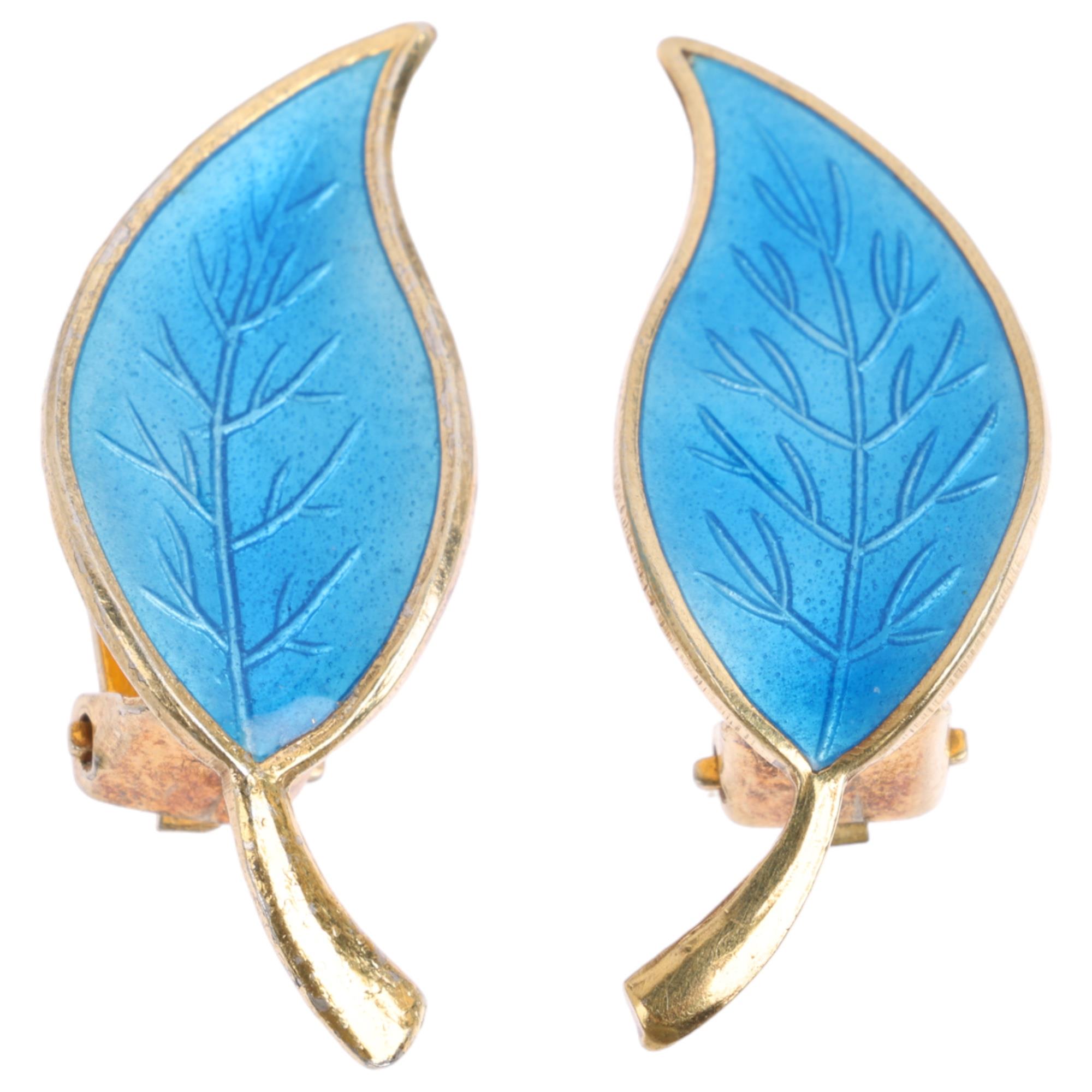 MEKA - a pair of Danish modernist sterling silver-gilt blue enamel leaf clip-on earrings, 32mm, 6.4g