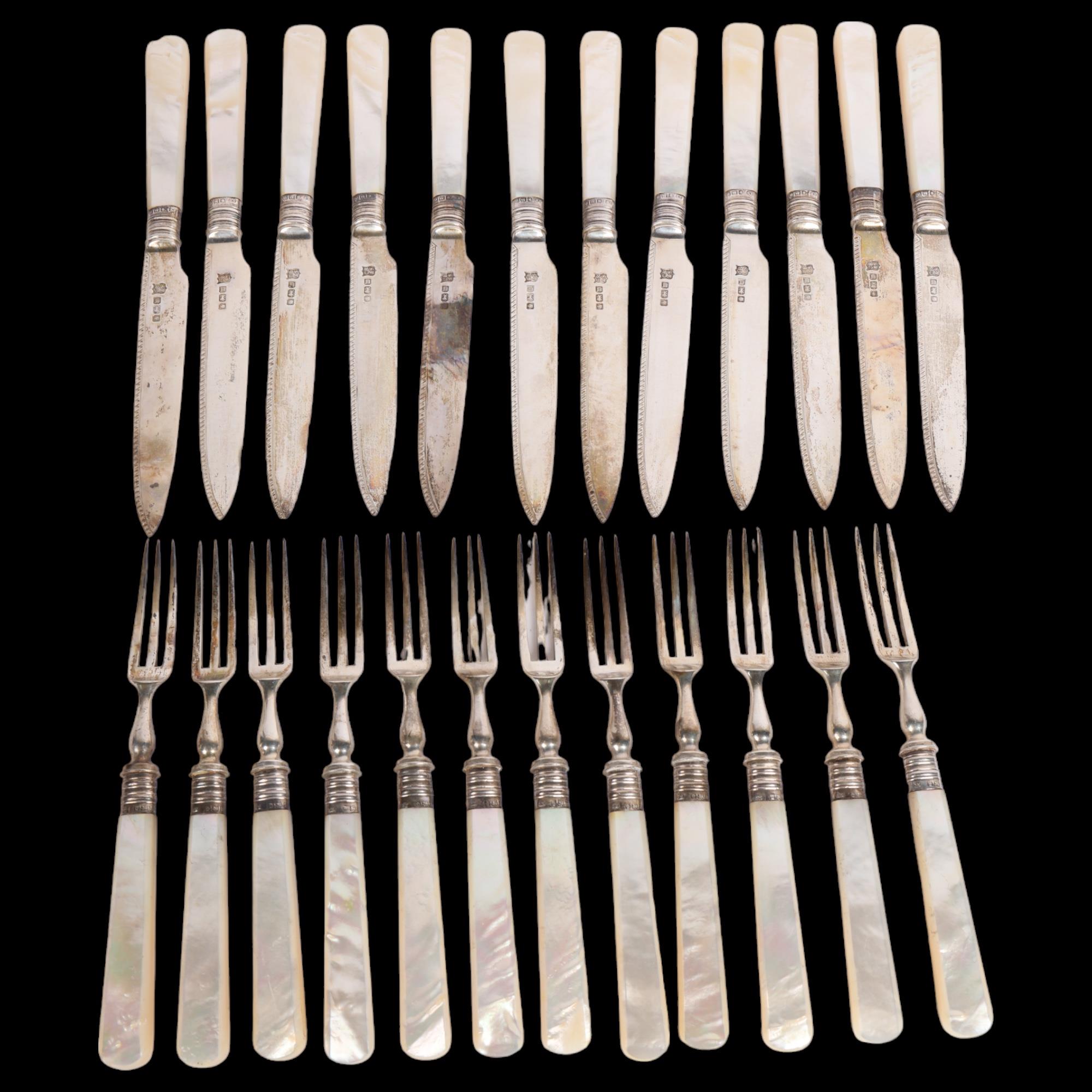 A set of George V mother-of-pearl handled silver dessert cutlery for 12 people, Cooper Brothers &