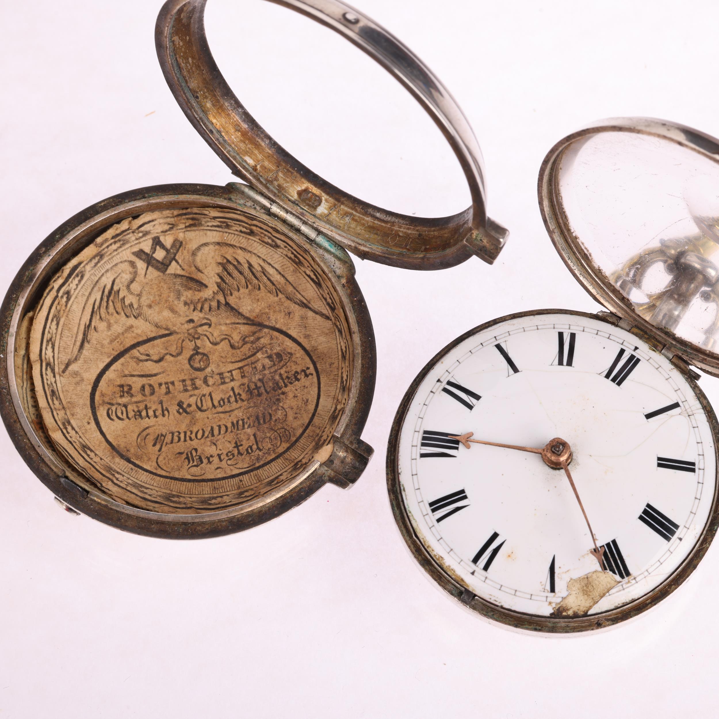 An early 19th century silver pair-cased open-face key-wind verge pocket watch, by T Strong of - Image 4 of 5