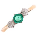An Art Deco 18ct gold three stone emerald and diamond ring, platinum-topped set with round-cut