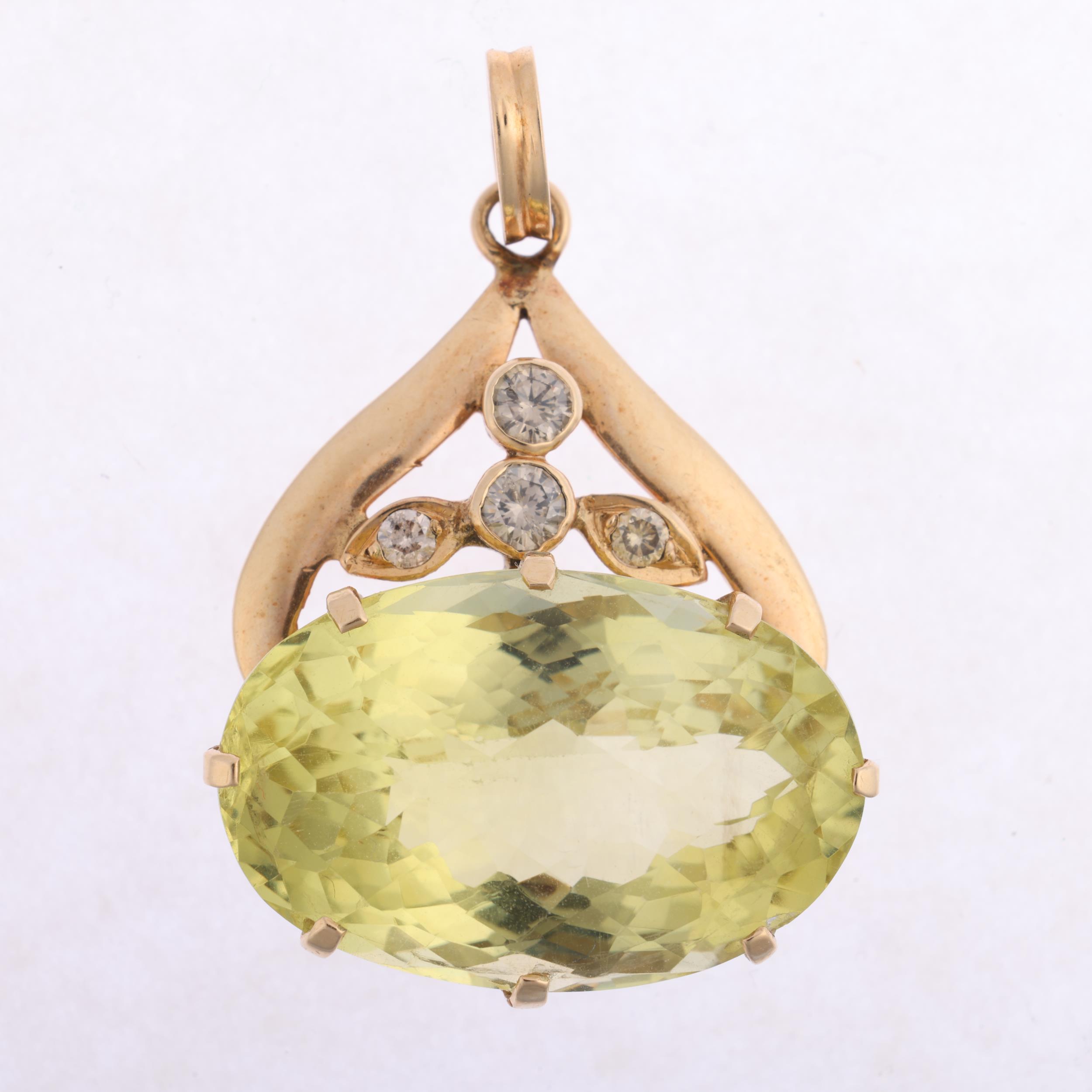 A 14ct gold lemon quartz and diamond pendant, claw set with oval rose-cut lemon quartz and modern - Image 2 of 4