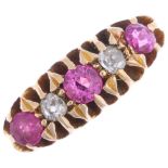 An early 20th century 18ct gold five stone ruby and diamond half hoop ring, maker JD&S, Chester