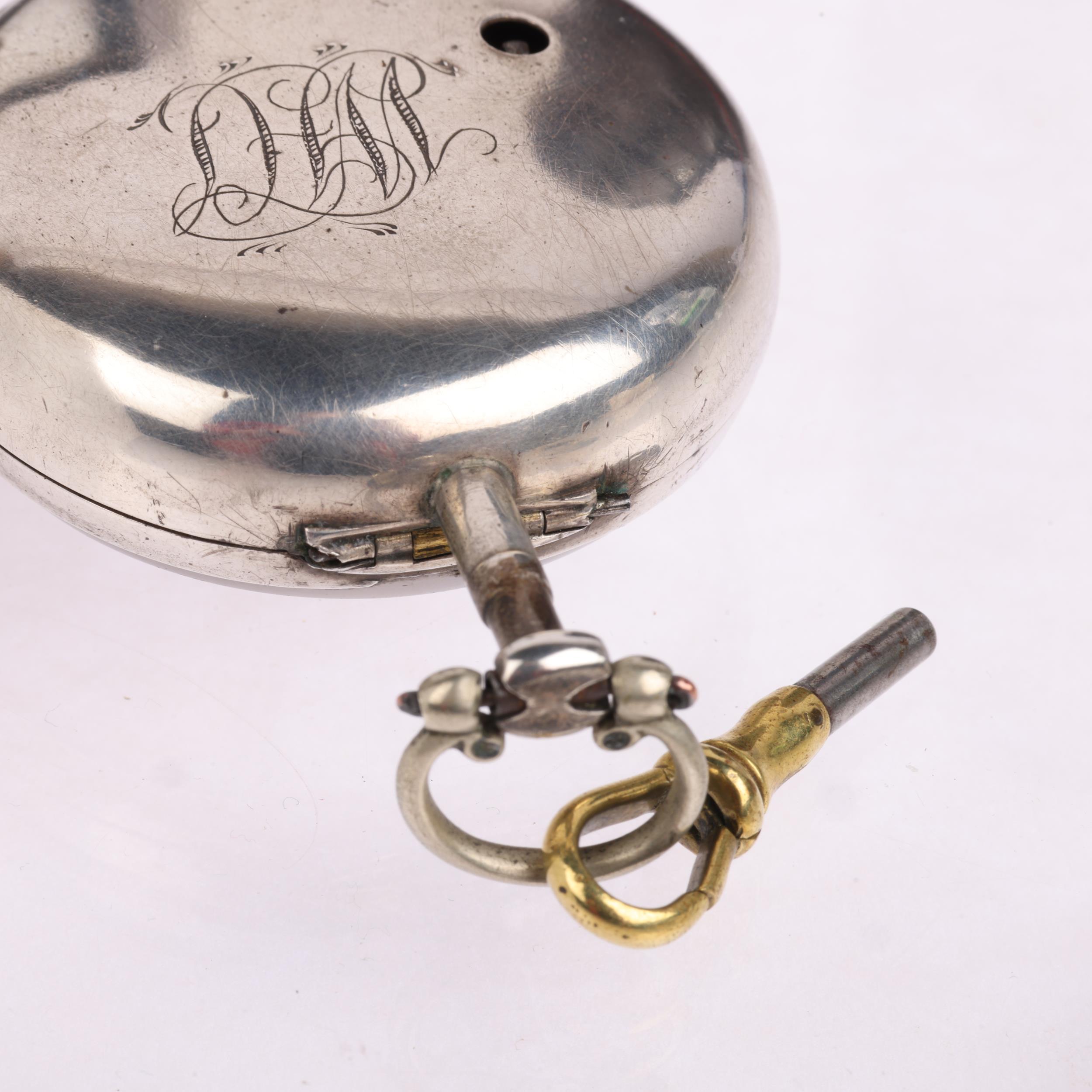 An early 19th century silver pair-cased open-face key-wind verge pocket watch, by T Strong of - Image 5 of 5