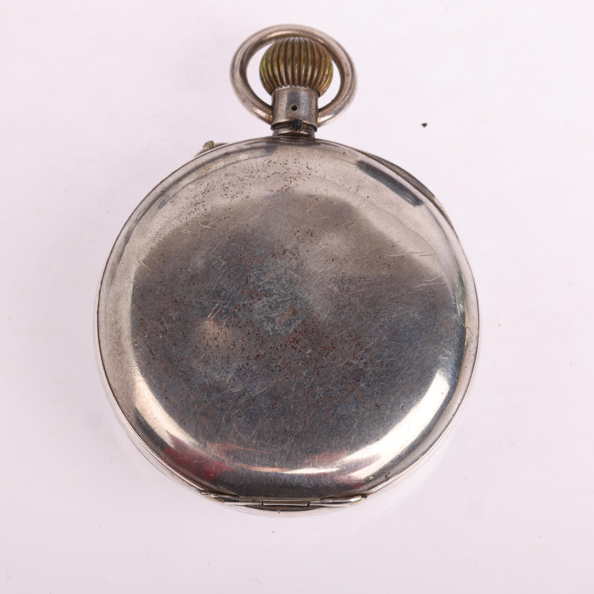 An early 20th century silver-cased open-face keyless chronograph pocket watch, white enamel dial - Image 3 of 5