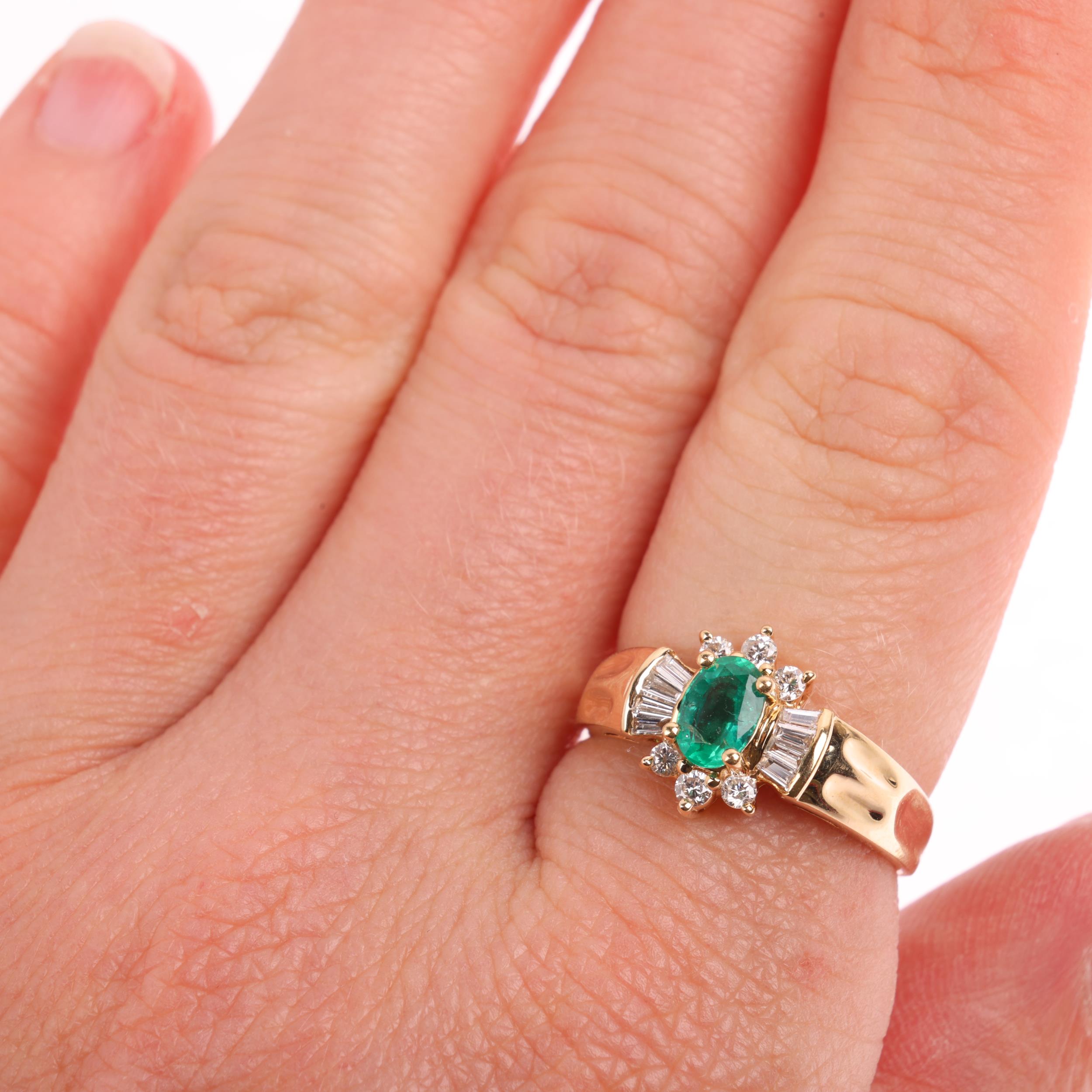 A 14ct gold emerald and diamond ballerina cluster ring, maker CEI, claw set with oval mixed-cut - Image 4 of 4