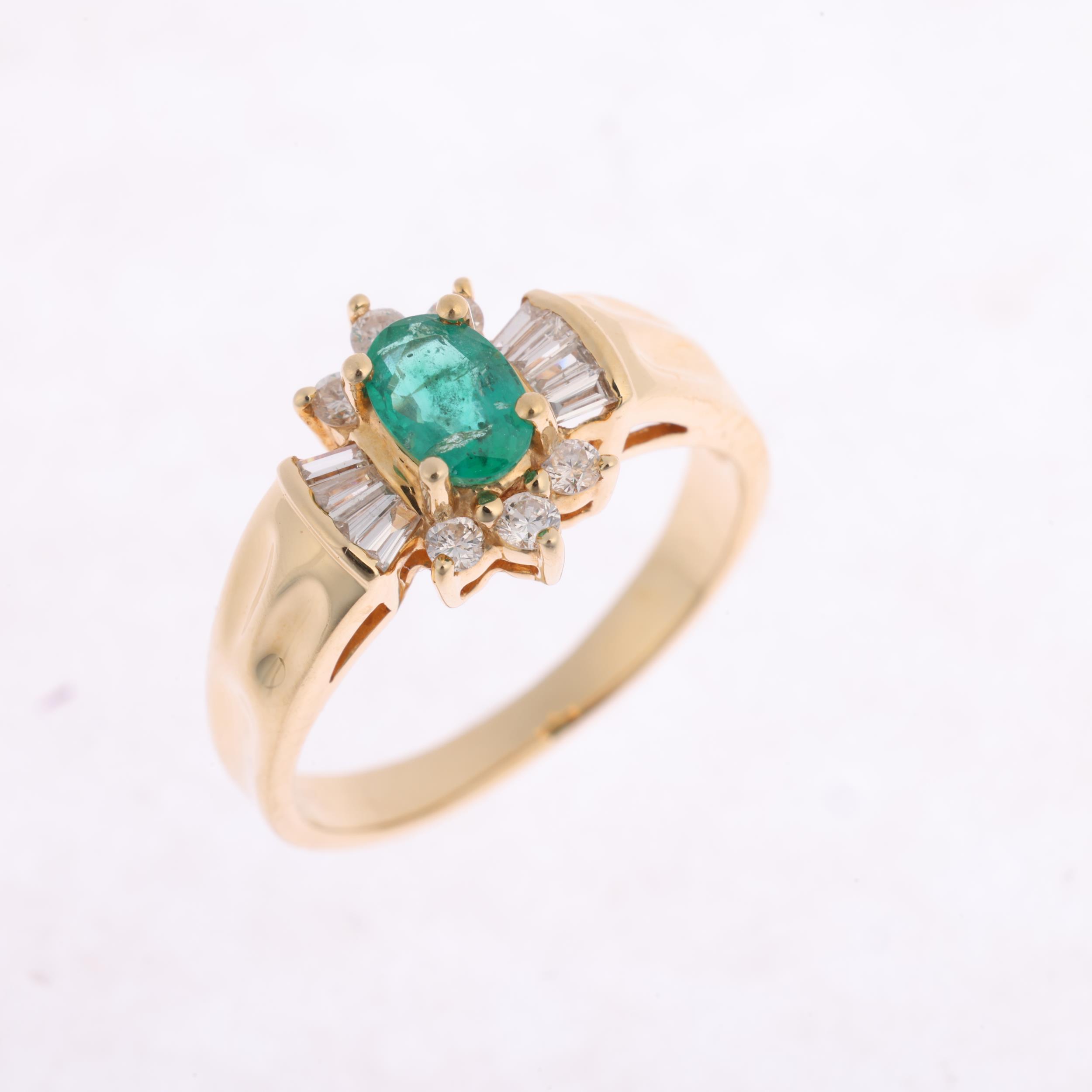 A 14ct gold emerald and diamond ballerina cluster ring, maker CEI, claw set with oval mixed-cut - Image 2 of 4