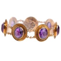 A 1970s 9ct gold amethyst panel bracelet, maker JR, Birmingham 1974, each oval panel rub-over set