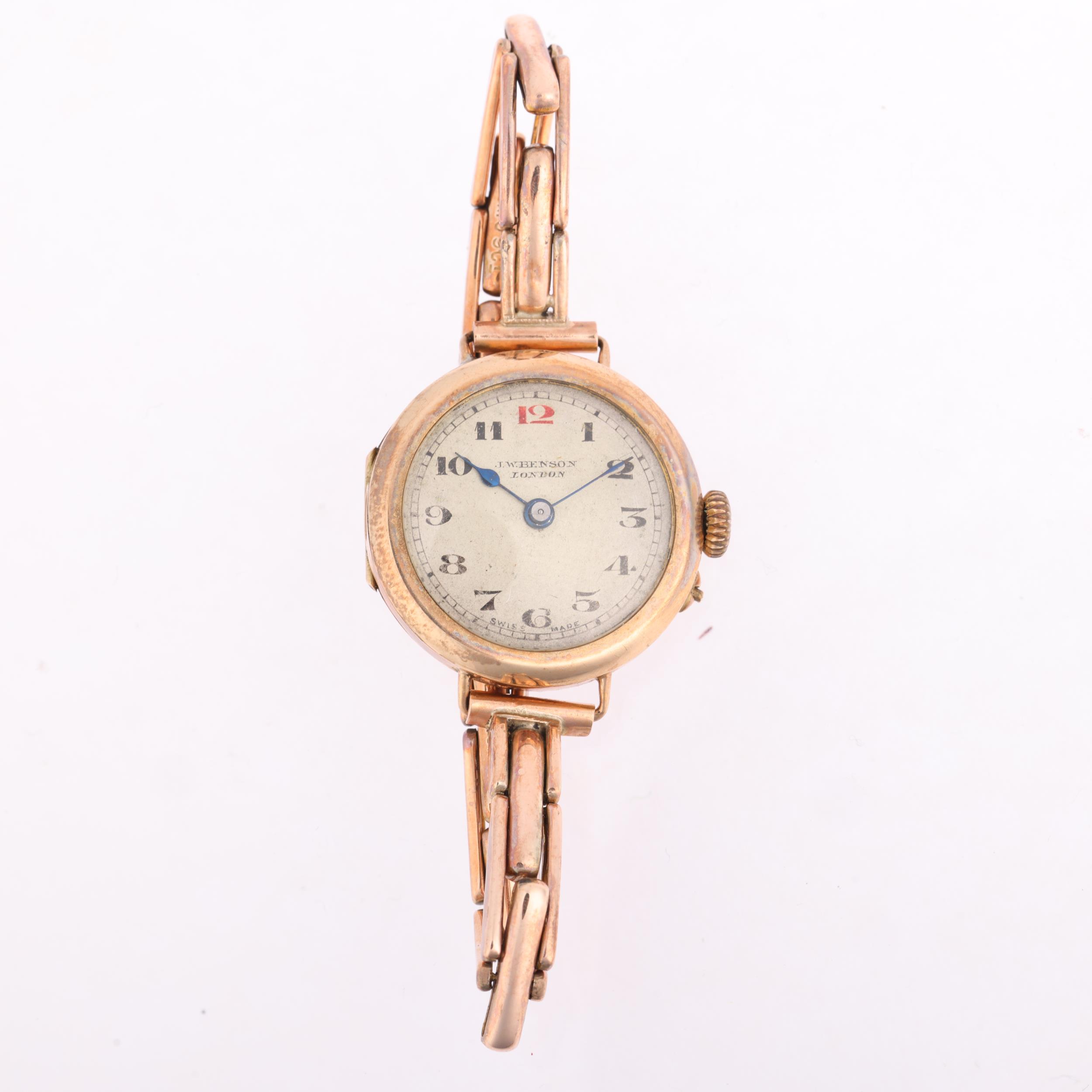 J W BENSON - an early 20th century 9ct rose gold mechanical bracelet watch, silvered dial with - Image 2 of 5