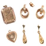 Various jewellery, including 9ct gold diamond heart pendant, pair of 9ct hoop earrings, unmarked