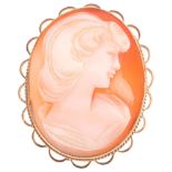 A 9ct gold shell cameo brooch, maker CPS, Birmingham 1971, relief carved depicting female profile,